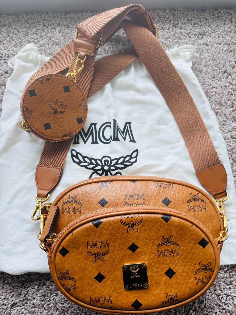 MCM Cognac Logo Visetos Oval Crossbody with Detachable Strap
